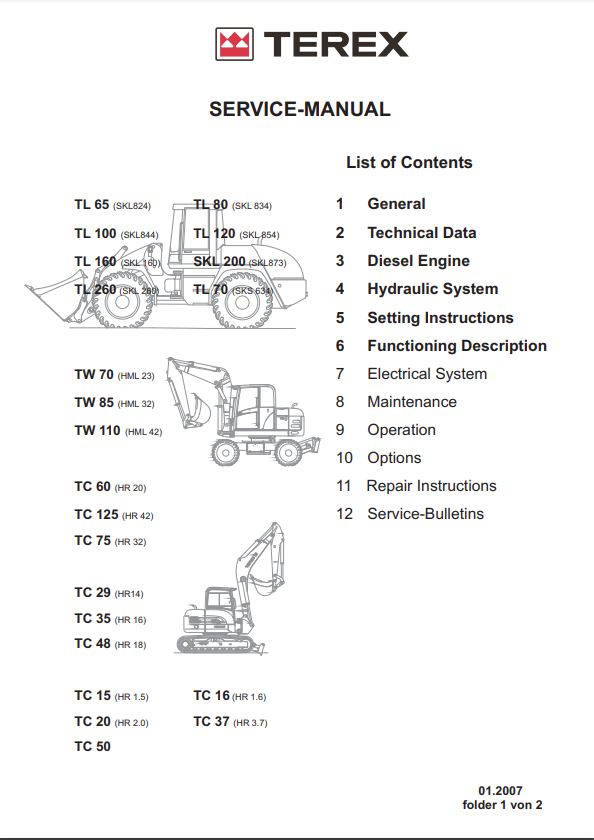Terex TW70 TW85 TW110 Complete Repair Service Manual PDF Digital Download